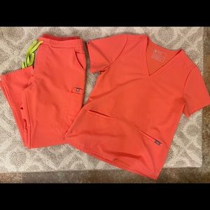 Figs Scrubs. Coral. Medium Casma and Medium Petite Yola.